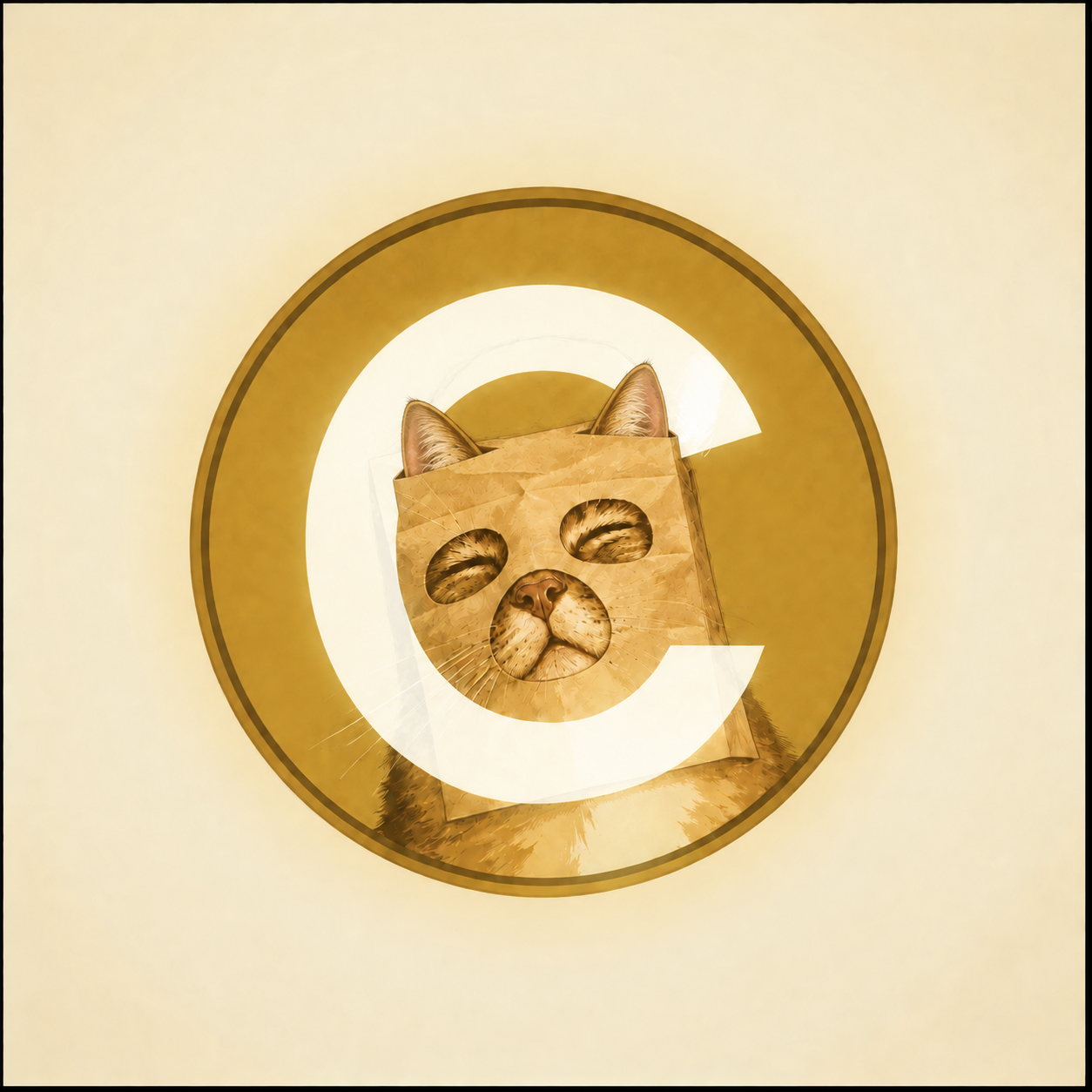 ANONCATE, a golden cat wearing a paper bag mask, on a gold C coin