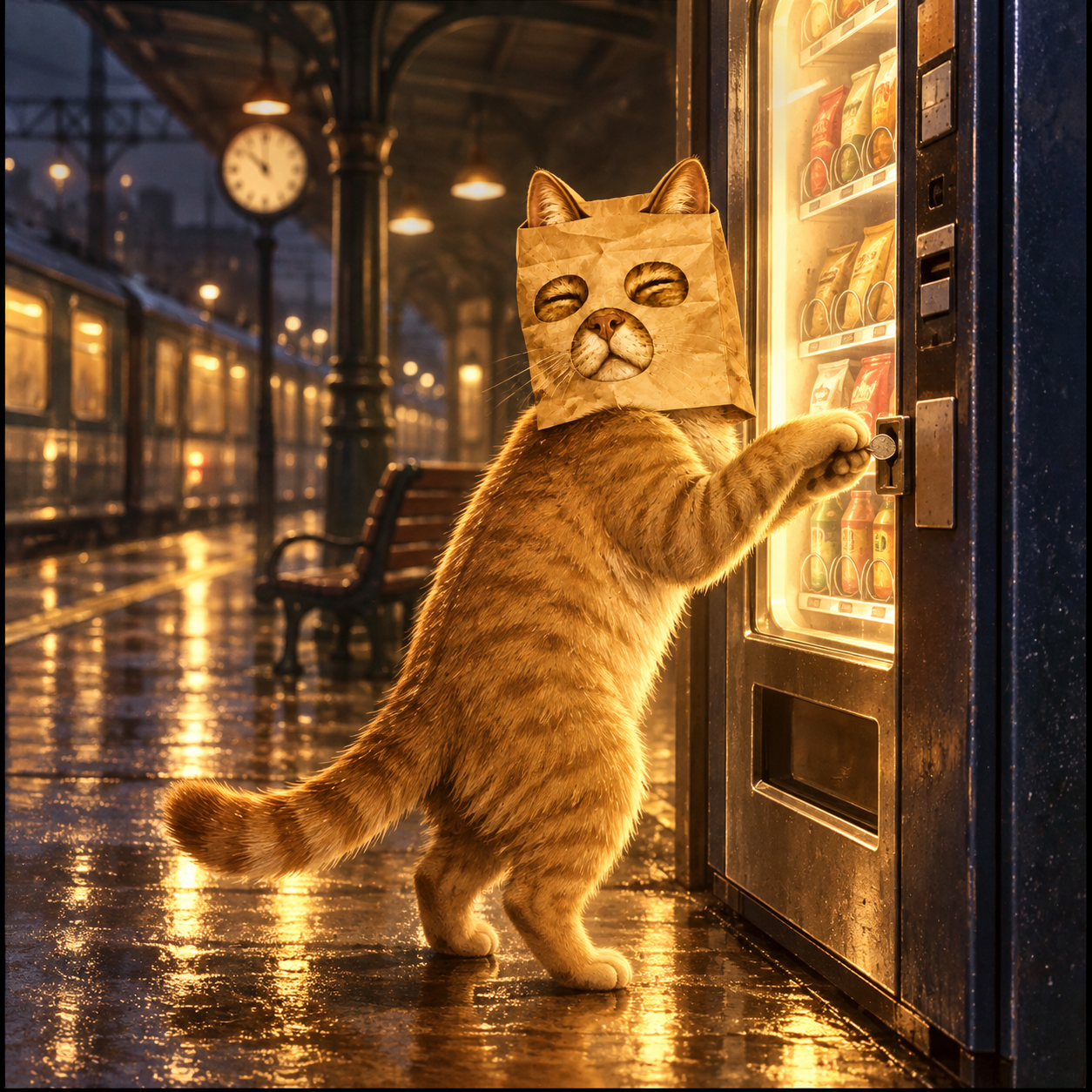 Paper-bag cat buying a snack at a train station vending machine